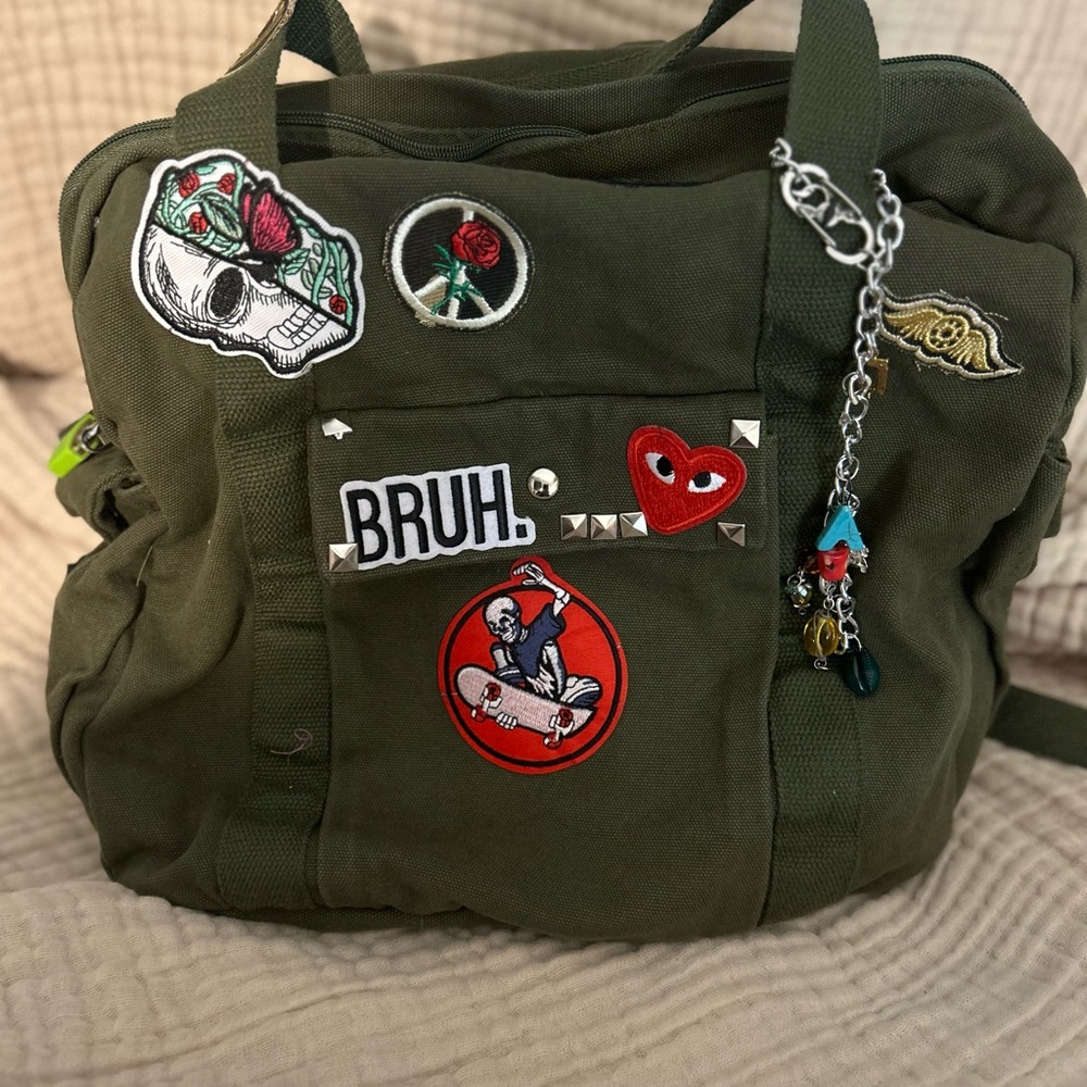 Army Green Cargo Backpack with patches of band names